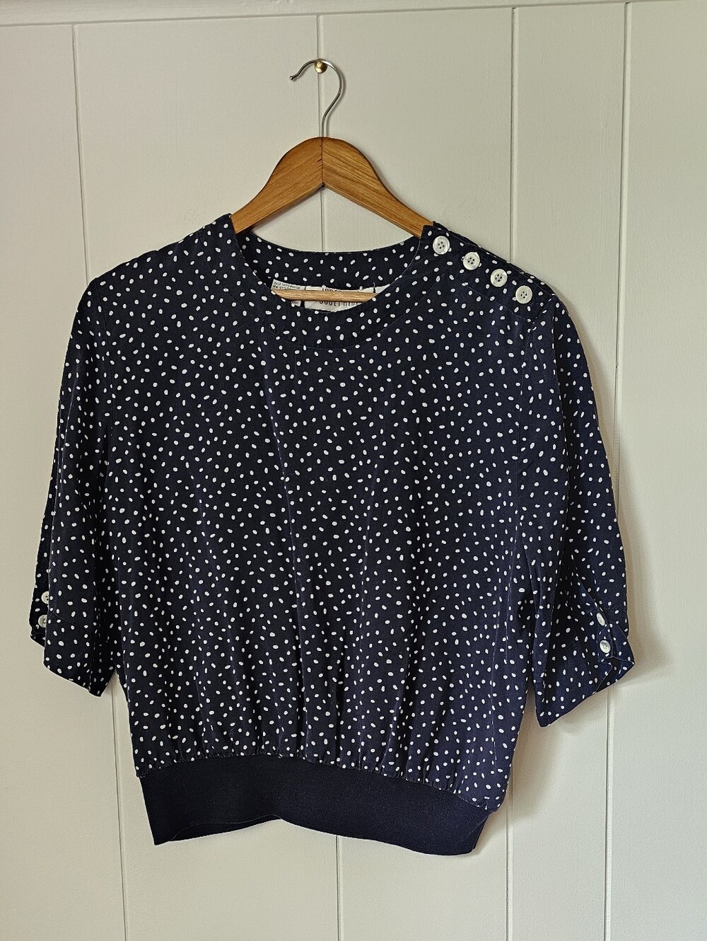 Vintage 80s Josephine Navy and White Polka Dot Blouse Top Shoulder Buttons